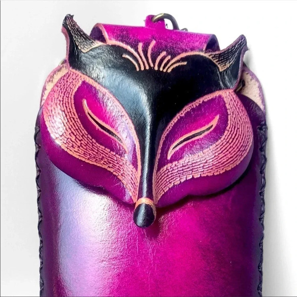 Handmade Genuine Leather Fox Crossbody Phone Bag | Purple Wristlet - Picture 3 of 7
